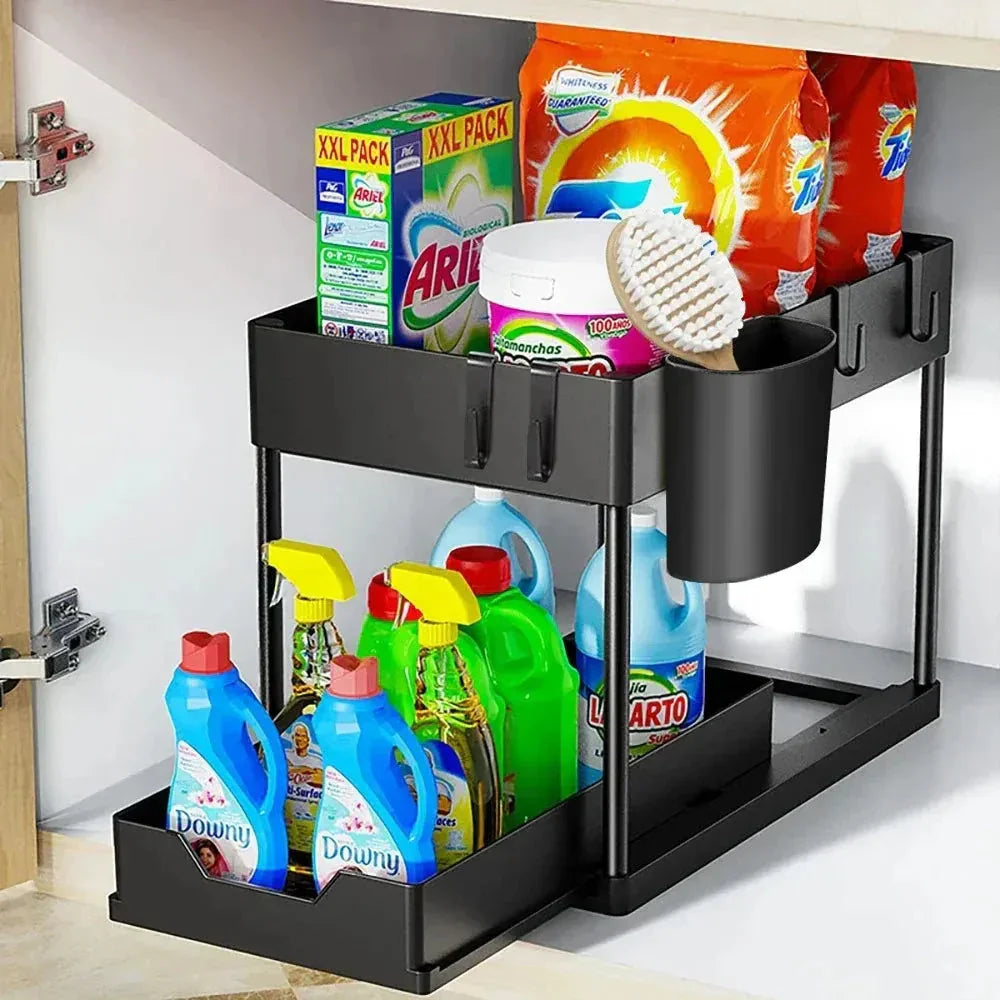 Under Sink Organizer – Double Layer Sliding Cabinet Storage Rack with Hooks