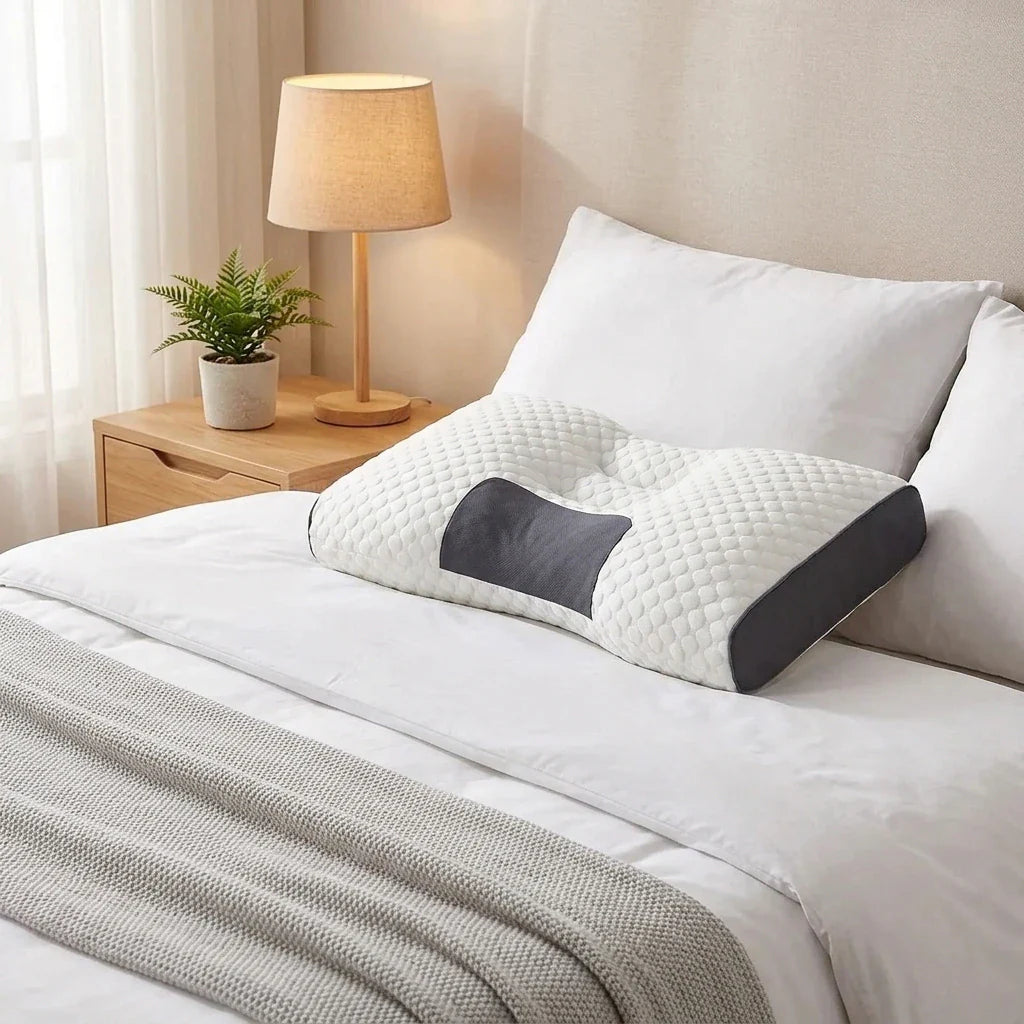 : Ergonomic neck pillow on a neatly made bed for a pain-free sleep setup – HouseComfort